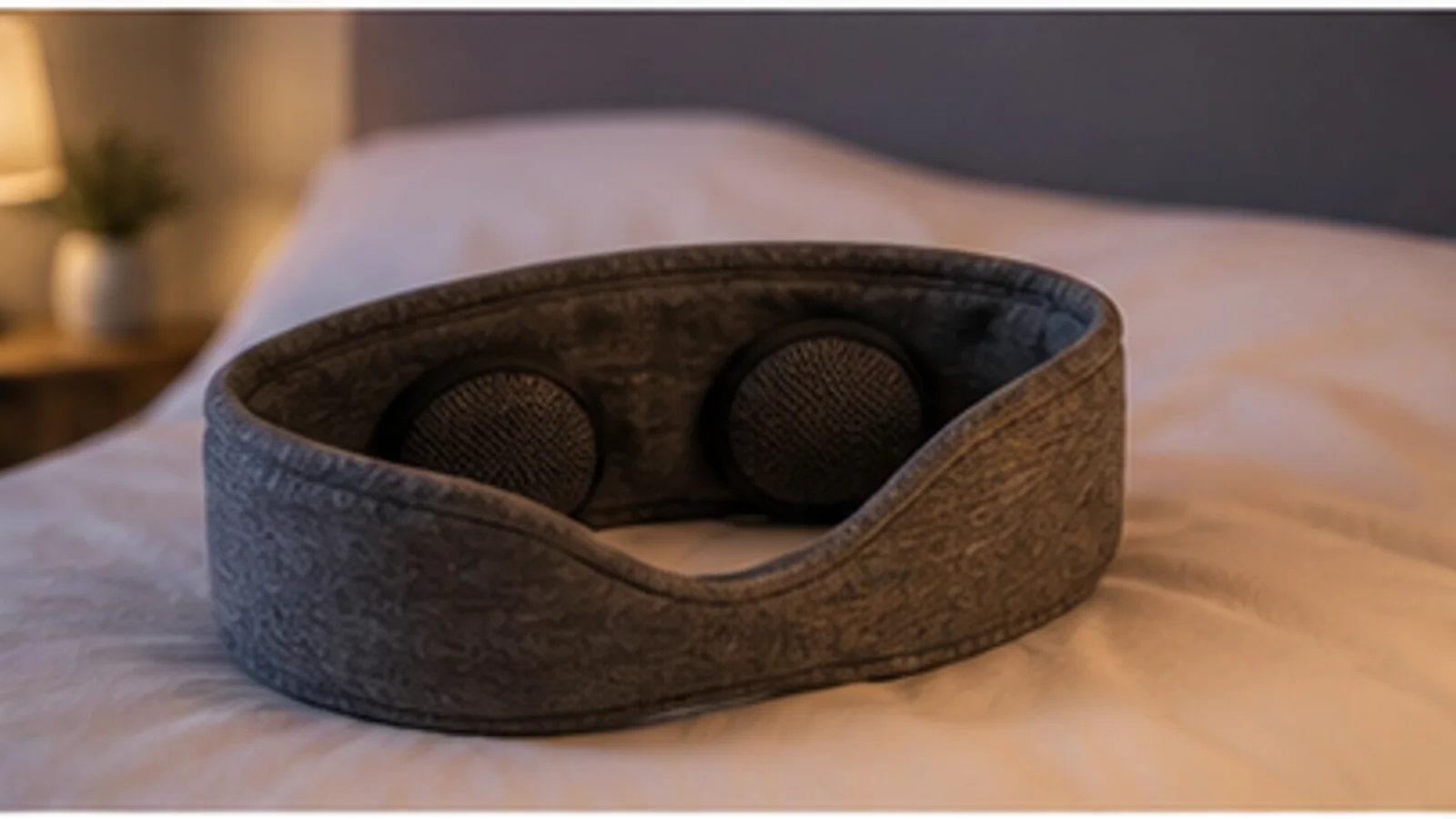 Bandeau Bluetooth de sommeil en tissu posé sur un oreiller.