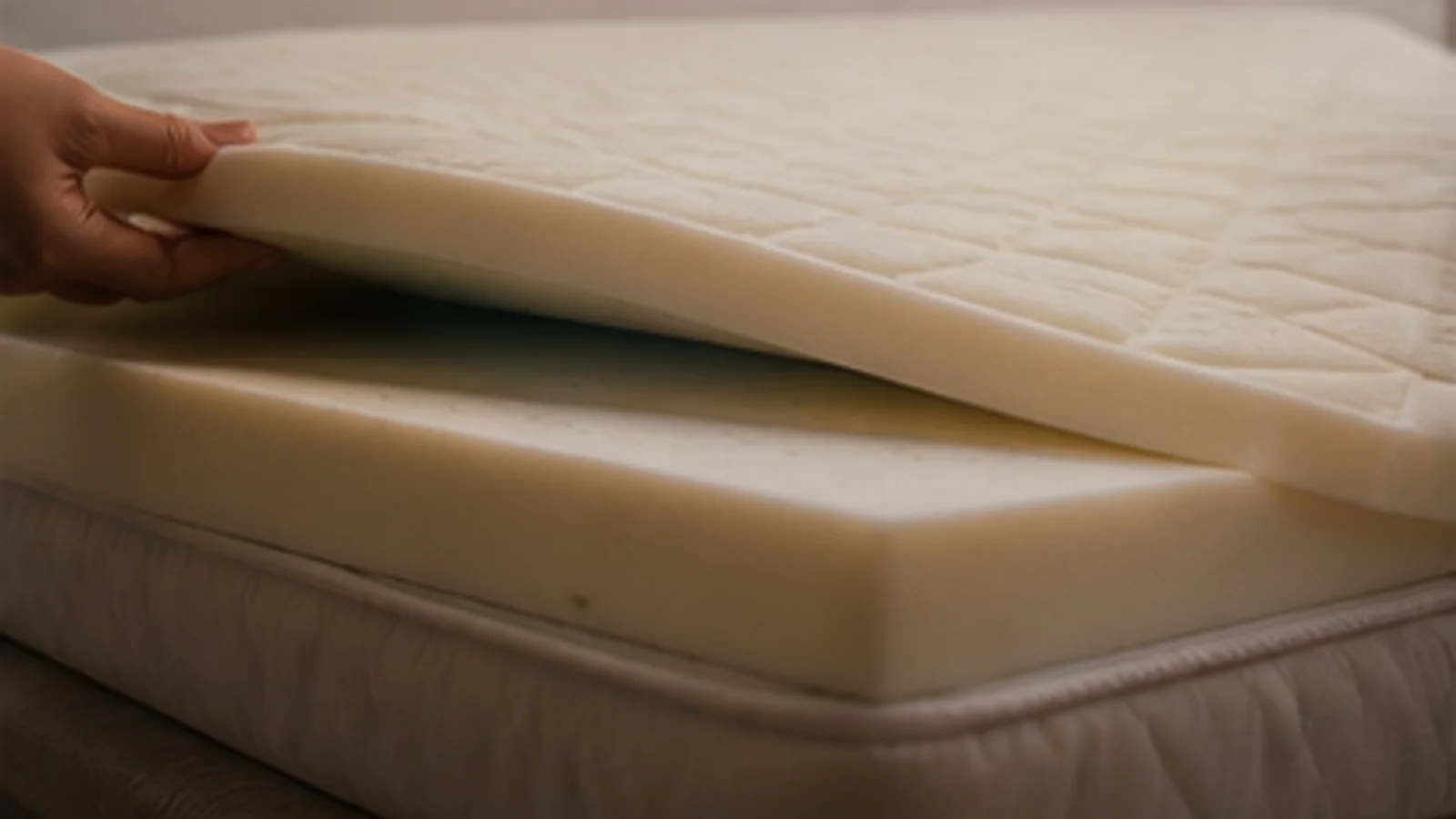 Surmatelas à mémoire de forme partiellement soulevé sur un matelas double.