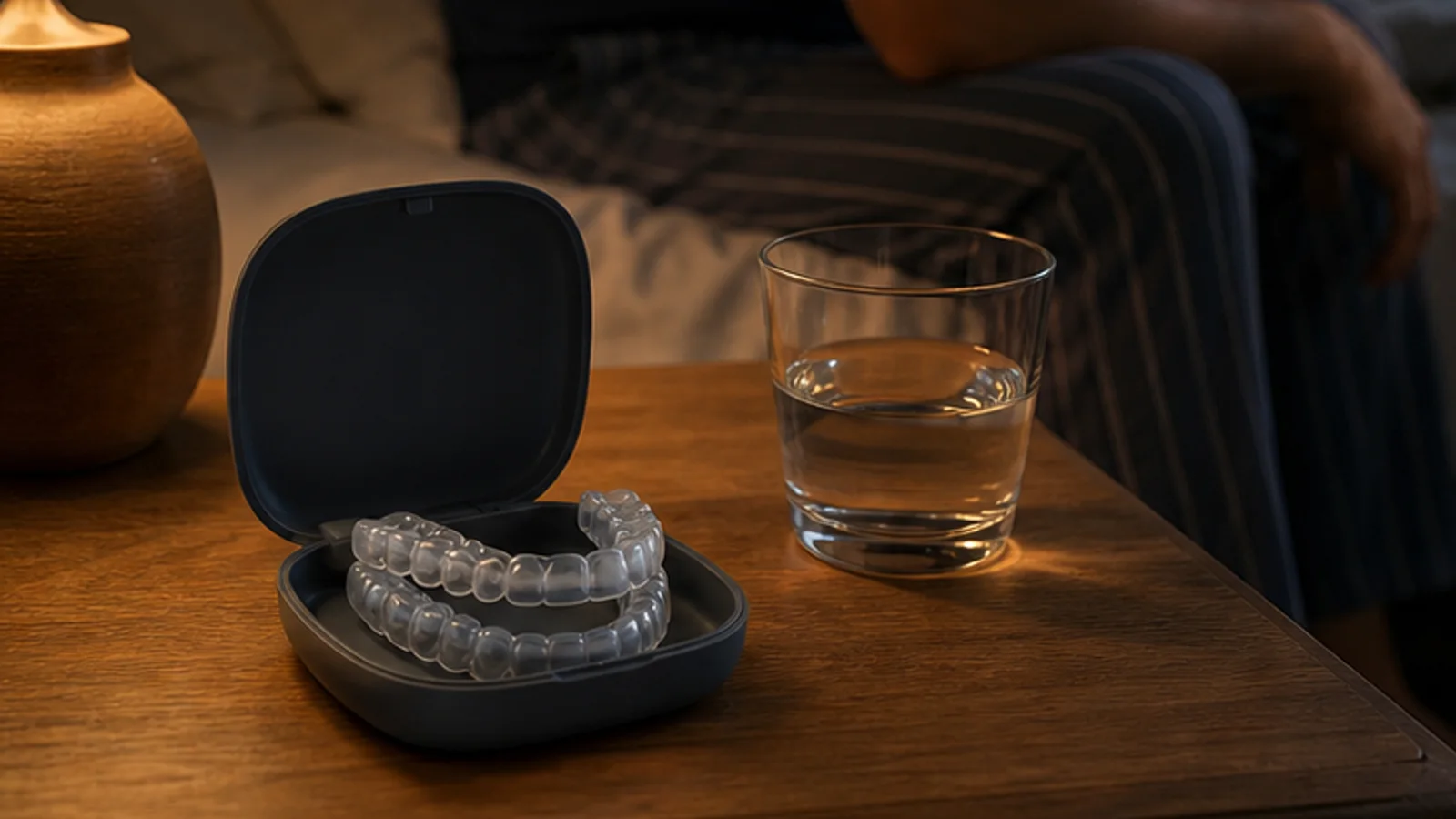 Orthèse anti-ronflement mandibulaire dans son boîtier sur une table de nuit.