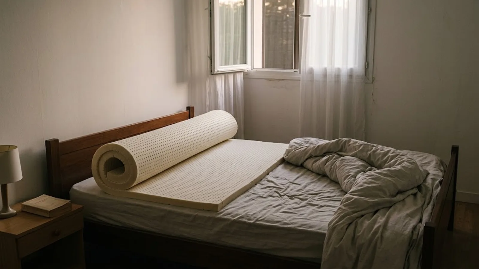 Surmatelas clair à surface alvéolée posé à moitié déroulé sur un matelas de lit double, chambre en fin de journée d'été, fenêtre entrouverte.